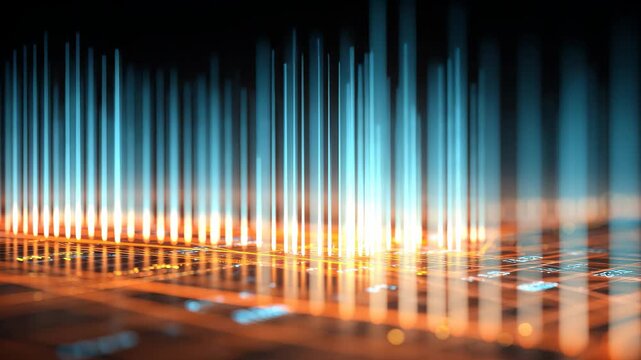 Financial data visualizations display glowing stock performance metrics and forecasts during market analysis sessions