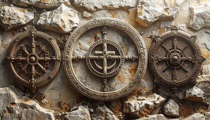 Ancient stone carvings depicting nautical symbols adorn a weathered wall in a historic coastal town, evoking a sense of maritime history and adventure.