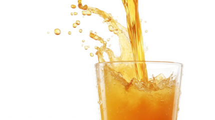 Refreshing orange juice being poured into a glass with dynamic splash effect on transparent background