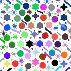 A cheerful and dynamic abstract pattern featuring various geometric shapes such as stars, circles, and wavy bands in a bright and varied color palette.  Seamless and repeating backgroundn