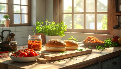 Burger ingredients sit on wooden countertop in sunlit kitchen, creating a warm and inviting atmosphere for cooking a delicious meal.