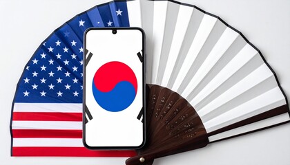 Smartphone displays the South Korean flag against a backdrop of an American flag and a traditional fan, symbolizing cultural exchange and technological collaboration.