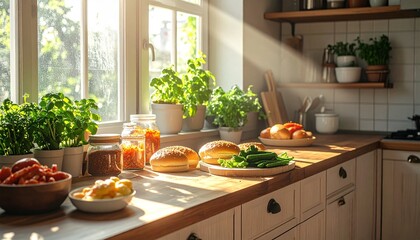 Sunlight streams into bright kitchen illuminating fresh produce and herbs on wooden countertop, creating warm and inviting atmosphere.