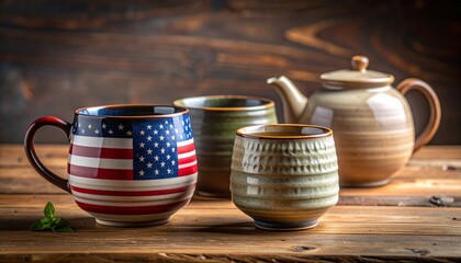 Ceramic tea set with american flag mug sitting on wooden table displaying rustic charm and patriotism.