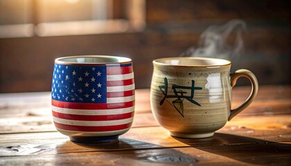 Two ceramic mugs sit side by side on a wooden table, one adorned with the American flag and the other with Asian characters, emitting steam in a warm, inviting atmosphere.