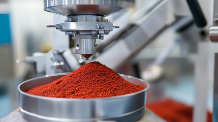 Close-up of a silver, industrial machine dispensing a bright red powder into a round silver container, used for precise measurements in a food production setting.