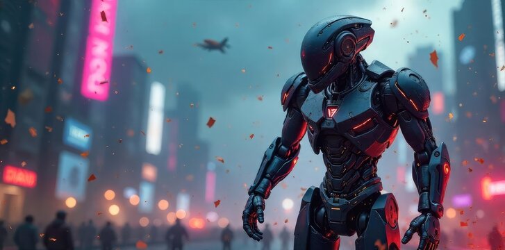 Futuristic cityscape backdrop, neon lights reflecting on a sleek, damaged robot amidst flying debris, suggesting a fierce, technologically advanced battle , explosion, cityscape