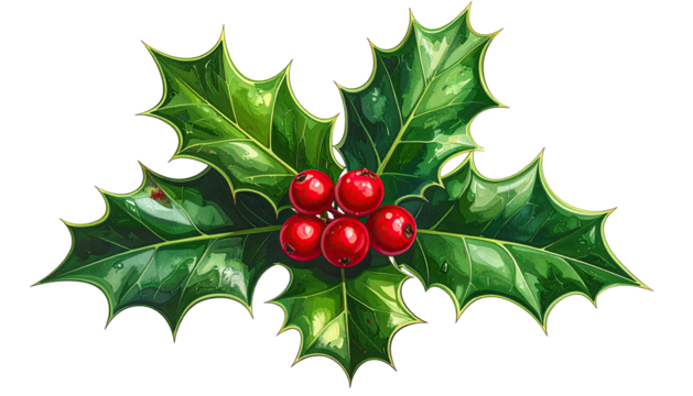 Glossy holly leaves with bright red berries on a dark background