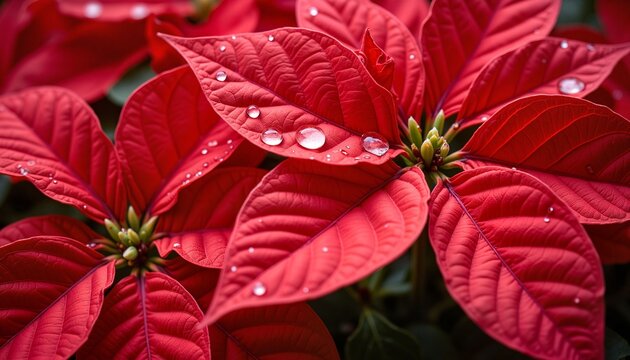Red poinsettia flowers with water droplets close-up in natural light