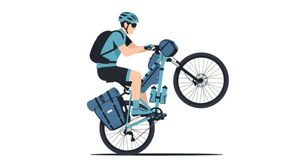 Naklejka premium Adventurous cyclist skillfully performing a wheelie with fully loaded touring bicycle