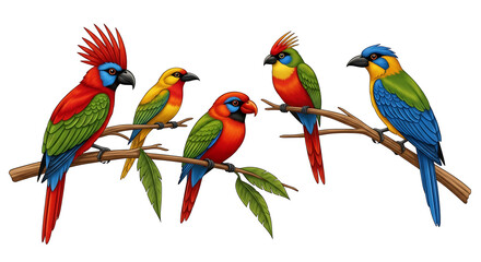 Colorful tropical birds perched on jungle branches
