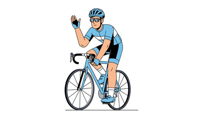 Fototapeta premium Cartoon cyclist illustration waving with a light blue outfit against a white background