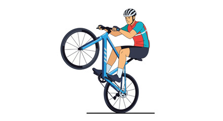 Skilled cyclist balancing on one wheel performing an amazing trick illustration