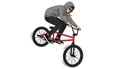 Fototapeta premium Illustration of a bmx rider performing a wheelie, wearing a hoodie and sunglasses on a red bike