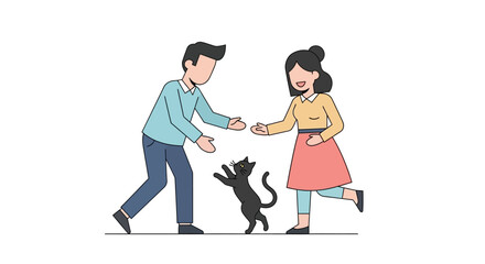 Delightful scene of a playful cat interacting with a couple in a lighthearted moment portrayed