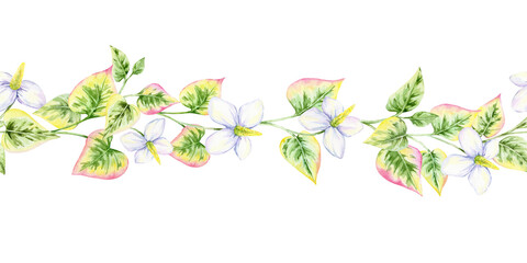 Hand drawn botanical border of watercolor clipart featuring pink and green leaves with delicate flowers. Perfect for greeting cards, wedding stationery, page dividers, and product labels