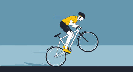 Fototapeta premium Dynamic cyclist illustration showing speed and balance on a blue background with graphic elements