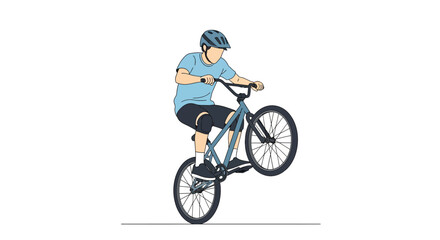 Fototapeta premium A cyclist is shown doing a wheelie stunt, highlighting balance and skill demonstration with a