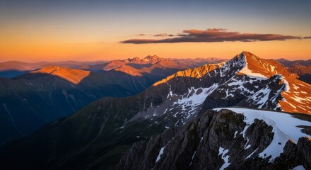 Majestic mountain range glows under warm sunset light, casting shadows over valleys and peaks