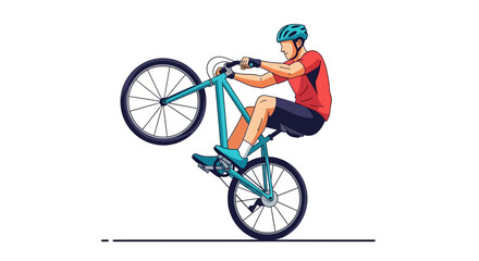 Illustrative cyclist performs a wheelie stunt, showcasing skill and agility, perfect for sport