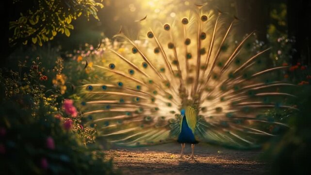 Majestic Peacock Displays Its Vibrant Plumage in Enchanting Forest Setting.