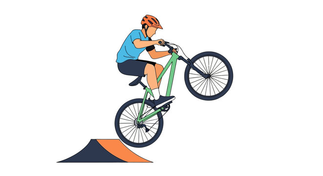 Dynamic mountain biker performing a ramp jump with style and precision on isolated background