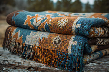 Exotic Tribal Teal and Copper Woven Throw Blanket Ambience. Use for: Boho-Chic Home Décor Apps, Earthy Cultural Events. Color Theme and Style: Rich Teals and Coppers, Boho-Chic and Earthy Style.