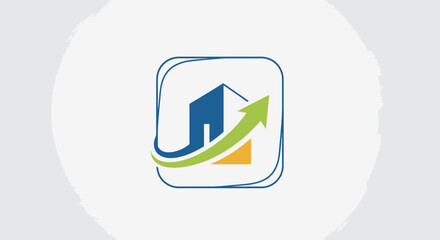 A stylized graphic representing a building with an upward-trending arrow, symbolizing growth and success.