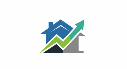 A stylized graphic representing real estate growth with an upward trending arrow superimposed on a house silhouette.
