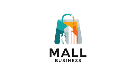 A modern logo design featuring a shopping bag with a cityscape silhouette and people inside, representing mall business.