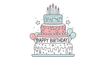 A festive, multi-tiered birthday cake adorned with candles, balloons, and stars, celebrating a special occasion.