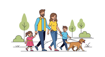 Fototapeta premium Happy Family Walking Dog in Park Healthy Lifestyle Outdoor Activity