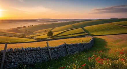Rolling green hills meet a stone wall and wildflowers, bathed in golden sunset light