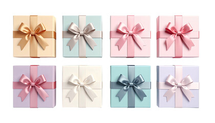 Pastel gift boxes tied with satin bows in a top-down pattern