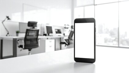 Phone on a white desk, background blurry office. Black/white office space. Blank screen phone