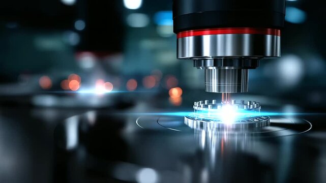 Defocused robotic vision system &mdash; blurred sensor lights shining across metallic surface, abstract concept of precision and automation, with copy space.
