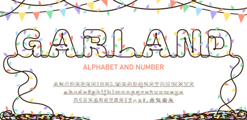 One-Line Garland Alphabet Font with Colorful Christmas Lights and Bulbs. Glowing Festive Typeface for Holiday, New Year, Party and Greeting Design