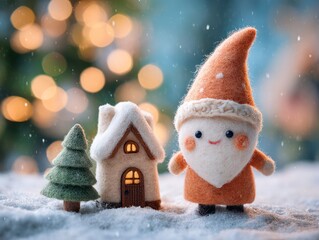 Tiny cute Santa Claus made of hand-rolled felt, smiling, standing on the snow near a tiny snow-covered Christmas tree
