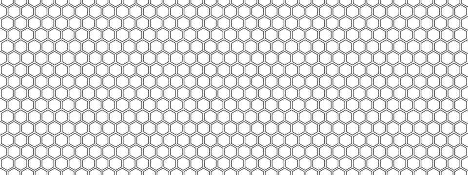 Black hexagon pattern honeycomb vector background. Geometric grid with honey comb cells, mesh lines, repeat hex shapes. Vector seamless texture with hive structure.