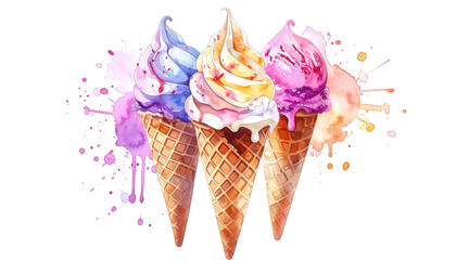 Three watercolor ice cream cones with colorful drips/splatters
