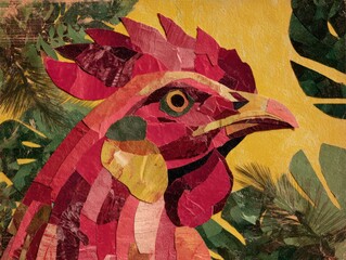 red rooster head in a style of cut outs collage made of colored paper