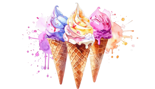 Three watercolor ice cream cones with colorful drips/splatters