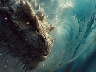 A hyper-detailed, huge, powerful water dragon spirals through the waves of a raging azure ocean
