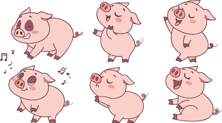 Obraz premium Vector cute pigs cartoons isolated. cute cartoon pigs in different poses and expressions. Set of nine adorable chubby pigs with round bodies, small ears, and pink snouts.