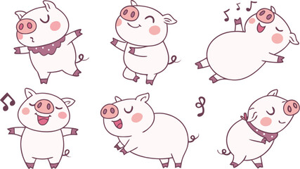 Obraz premium Vector cute pigs cartoons isolated. cute cartoon pigs in different poses and expressions. Set of nine adorable chubby pigs with round bodies, small ears, and pink snouts.