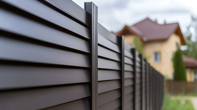 View of a brown fence protecting the garden of a house with an orange roof, which provides security to its territory and gives a sense of privacy and style to the landscape.
