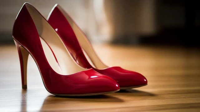 Pair of shiny, red high-heeled shoes on wooden floor, angled shot