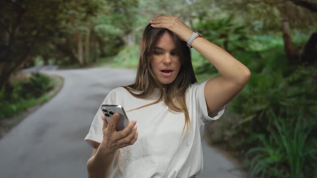 Young hispanic woman holding smartphone in outdoor park setting looks surprised with green trees around her
