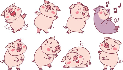 Obraz premium Vector cute pigs cartoons isolated. cute cartoon pigs in different poses and expressions. Set of nine adorable chubby pigs with round bodies, small ears, and pink snouts.