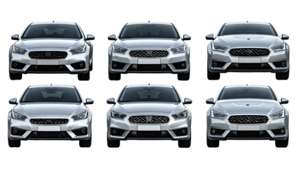 Six silver car front views, centered, isolated on a black background